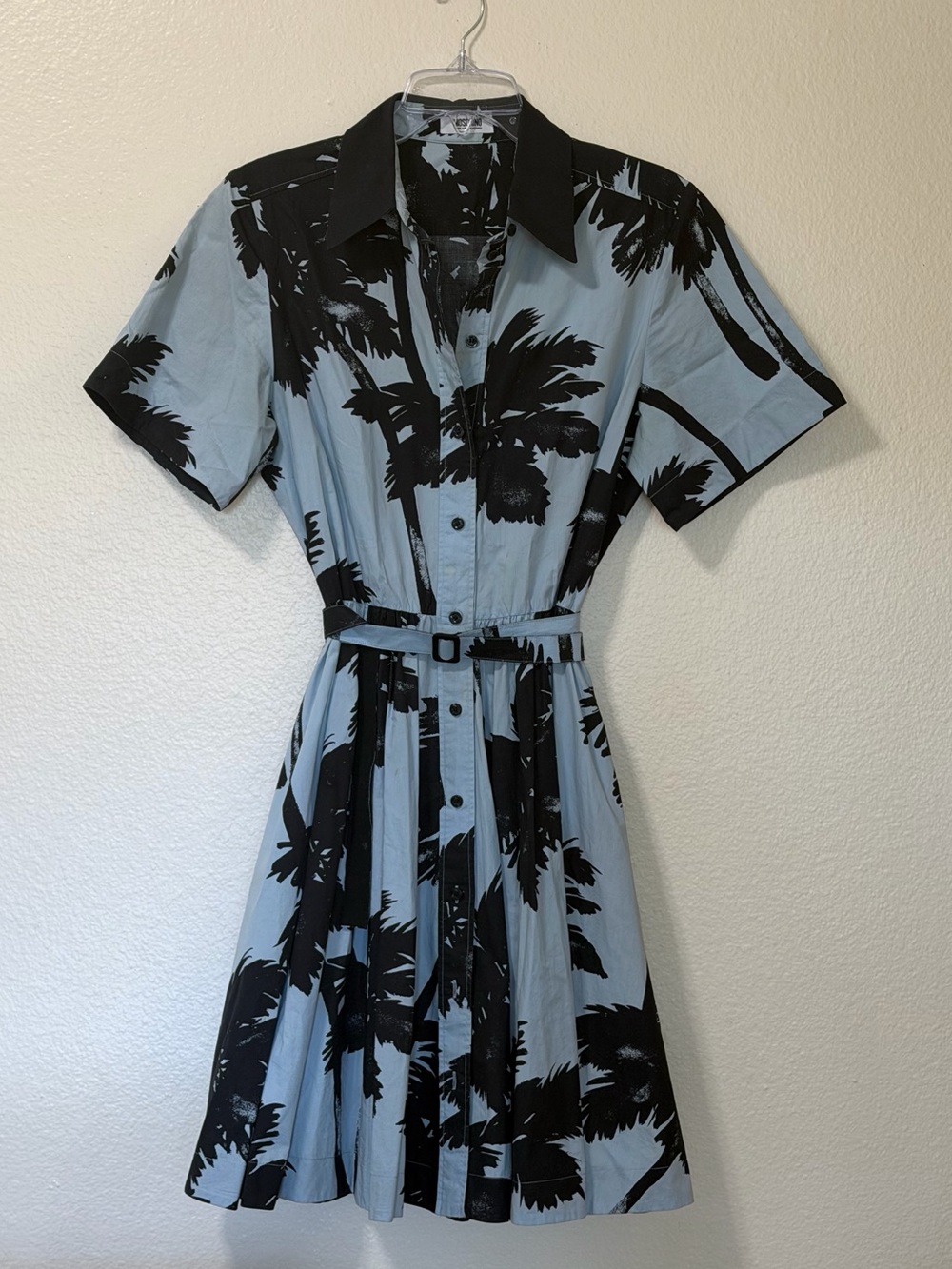 Y2K Moschino Light Blue Shirt Dress with Black Palm Print